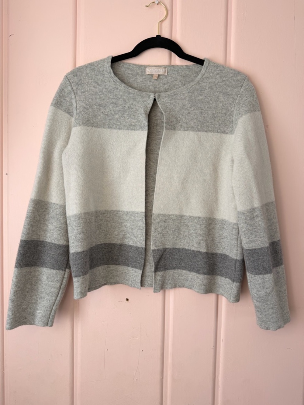 Benedetta B. Wool/Cashmere Blend Striped Cardigan - Light Gray & White SzLarge